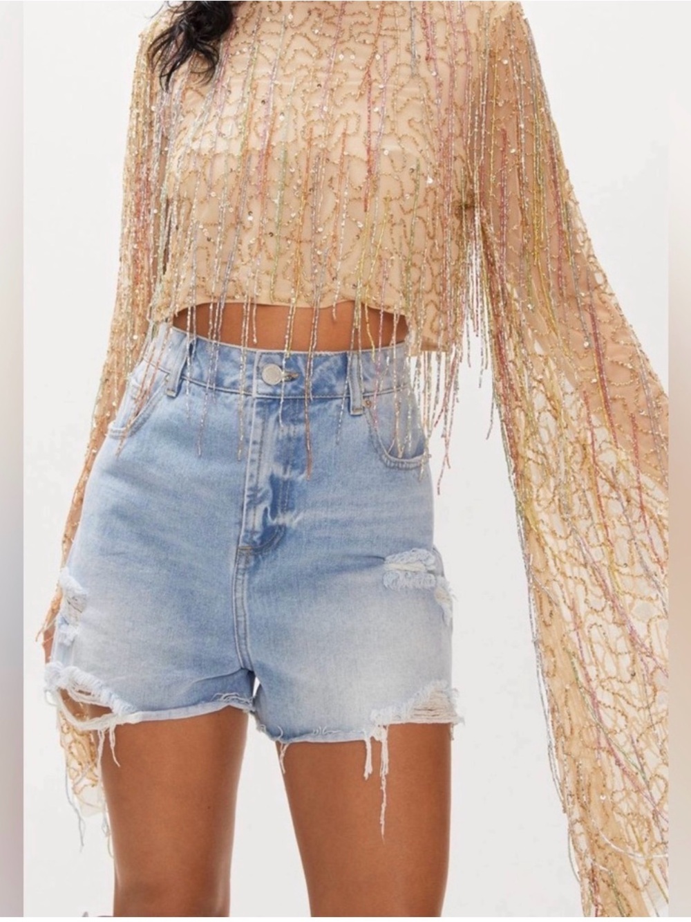 Nasty Gal Gold Beaded Fringe Sheer Crop Top